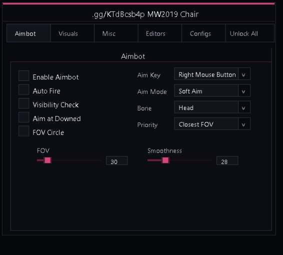 The 1840 Chair aimbot menu showing aim key, aim mode, bone, priority, FOV and smoothness settings